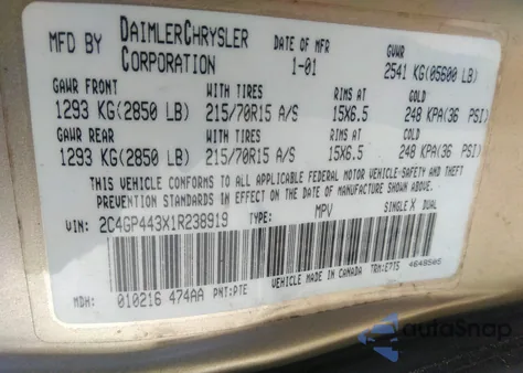 2001 Chrysler Town & Country Lx z USA, uszkodzony, nr VIN 2C4GP443X1R238919